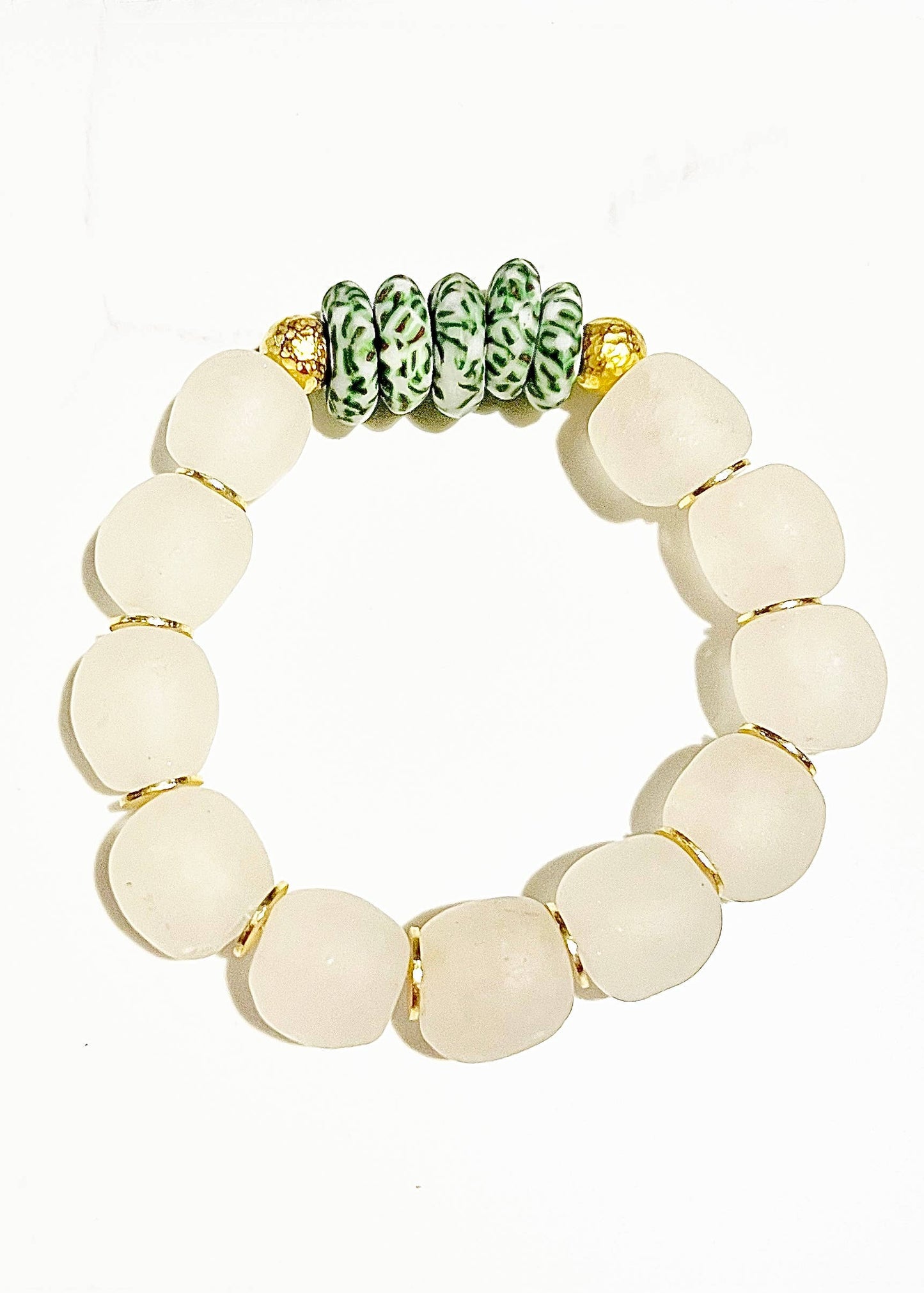 Recycled Glass Bead Stretch Bracelet Green Speckled Stacking