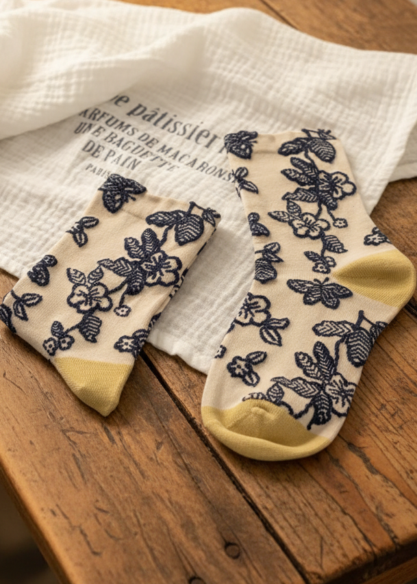 Butterfly Crew Socks-Cream