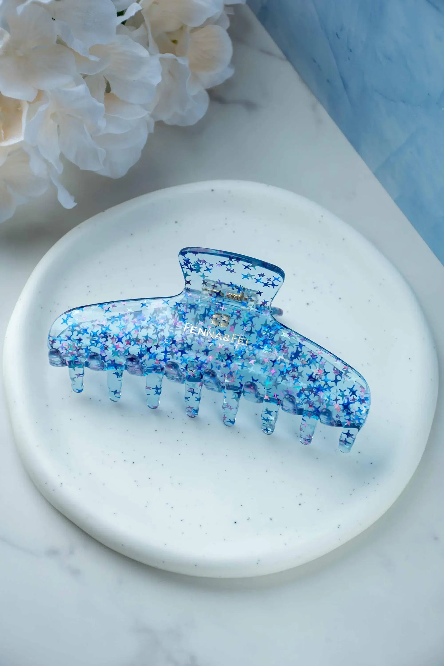 Glamour Grip Wave Claw in Blue Jelly Stardust | Clear Blue Star Glitters | Italian Acetate Tortoise Shell Large Hair Clip