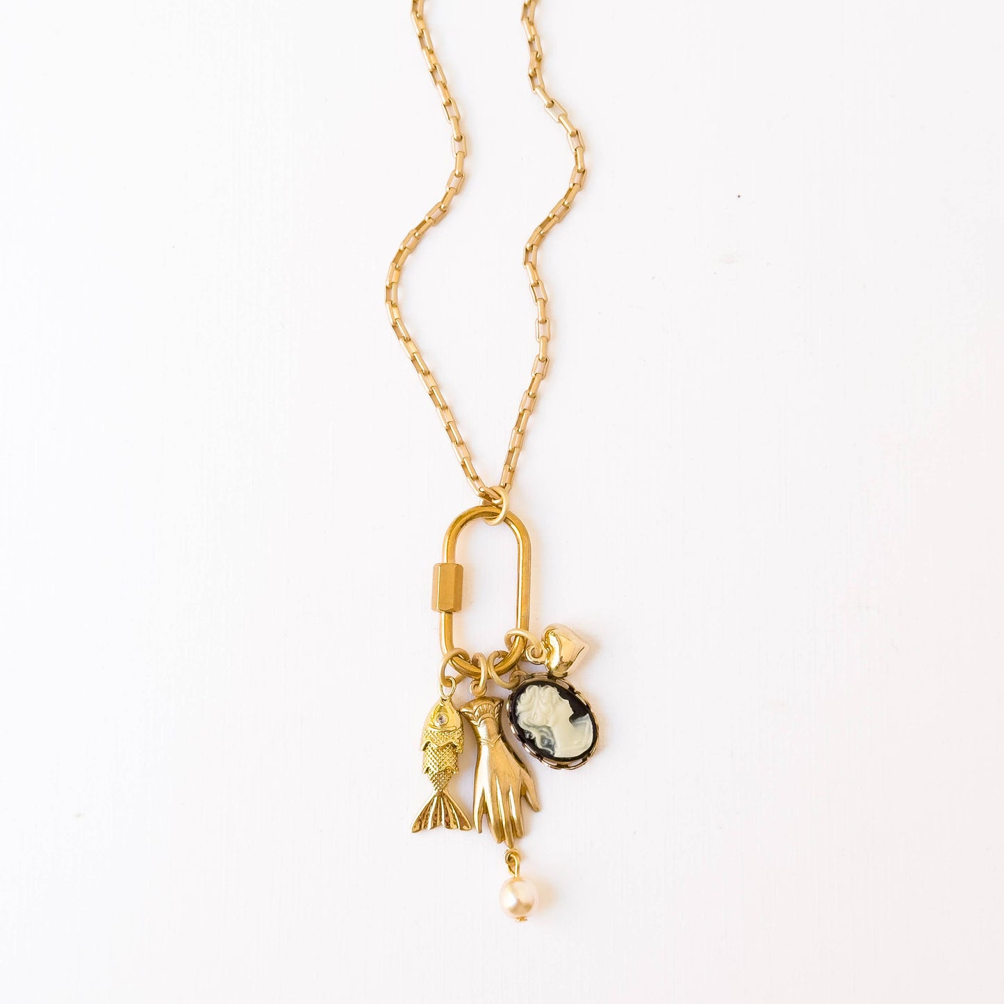 Gold Carabiner Charm Necklace with Cameo & Fish Charms: 20"