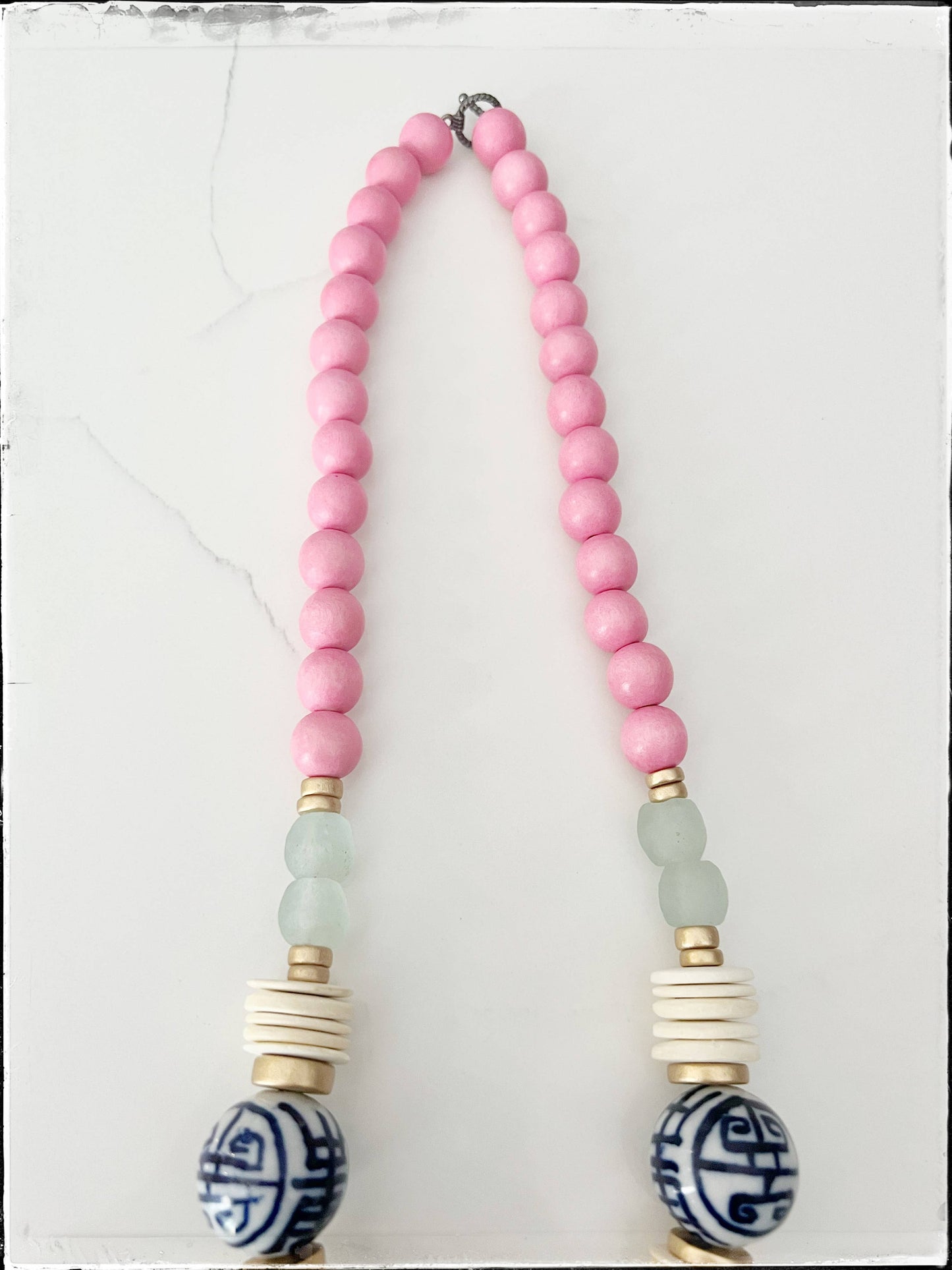 Wood Bead & Chinoiserie Necklace- White Coconut Wood Bead