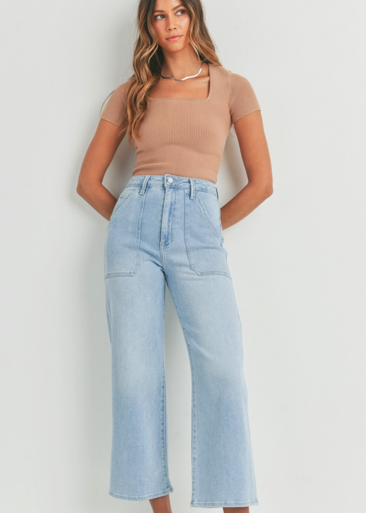 High Rise Cargo Pocket Jean- Light Wash