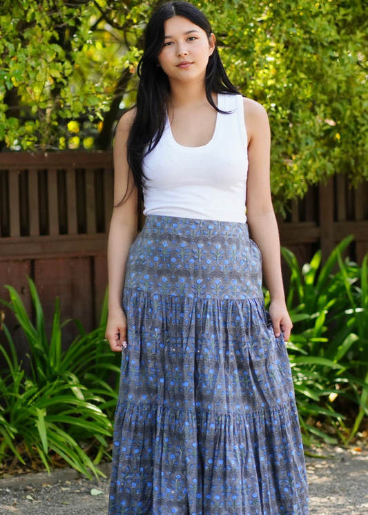 Block Printed Tiered Cotton Skirt- Grey Blue