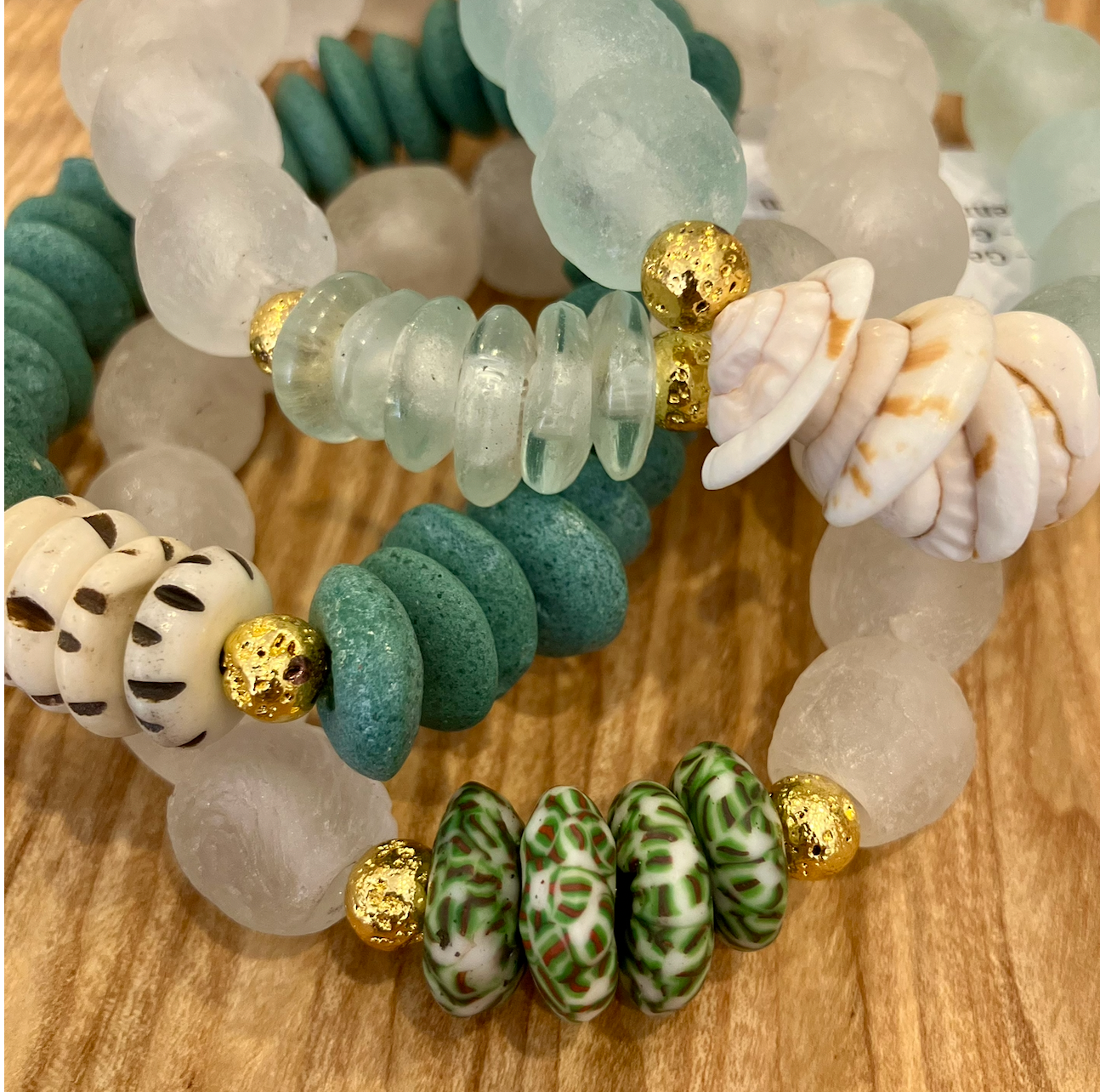 Natural Shell & Recycled Glass Bead Stretch Bracelet Blue: 7”