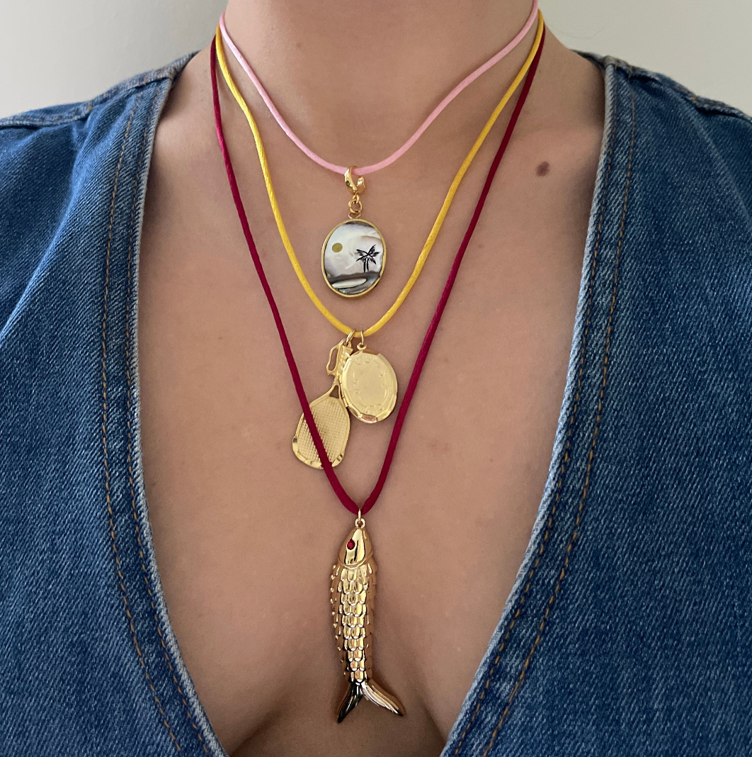 Fish Charm Silk Necklace: Red