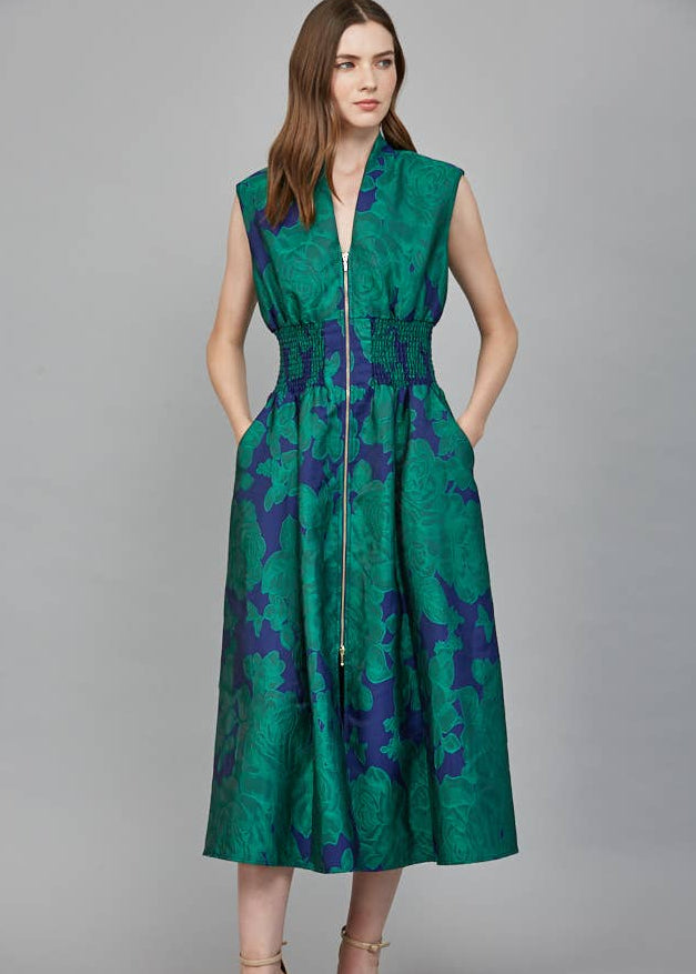 Fiona Floral Jacquard Zip Front Midi Dress