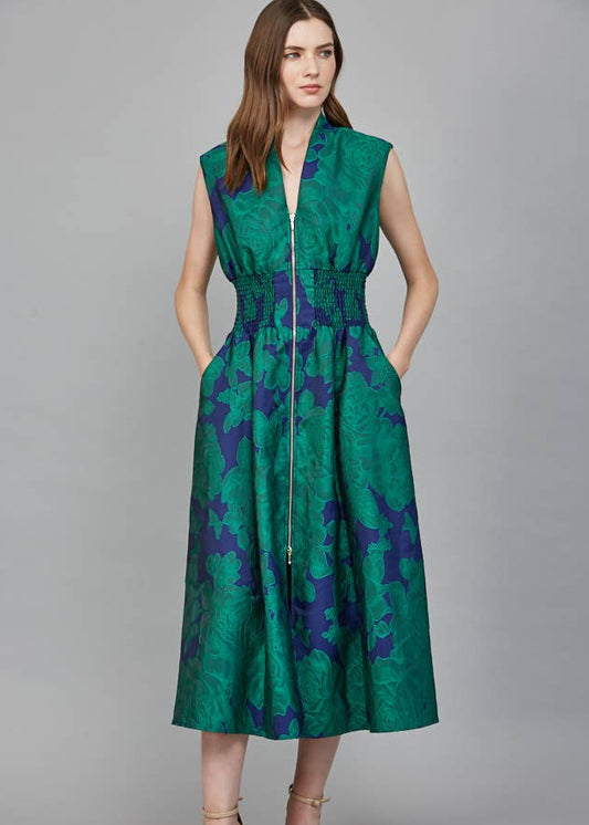 Fiona Floral Jacquard Zip Front Midi Dress