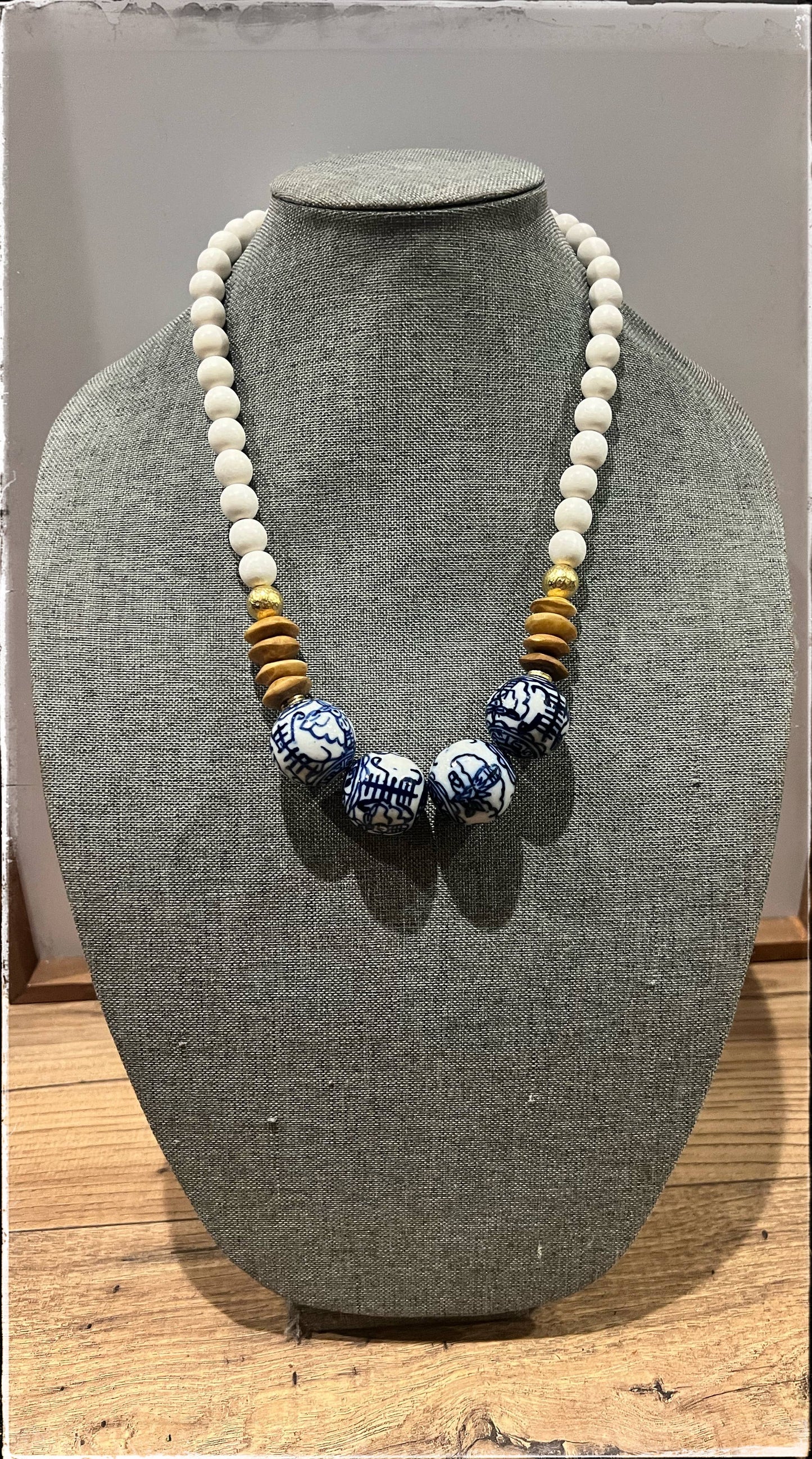 Wood, Glass Bone Bead Short Necklace Layering Chinoiserie