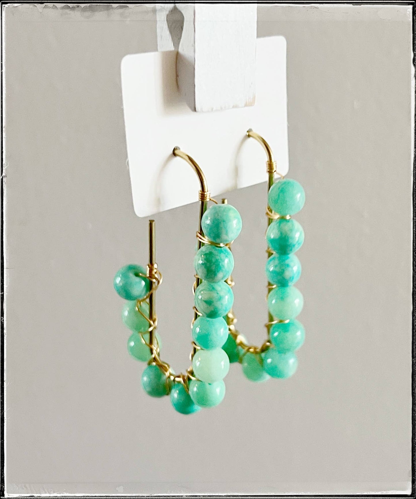 Wire Wrapped Open Hoop Glass Bead Dangle Earring Green Jade