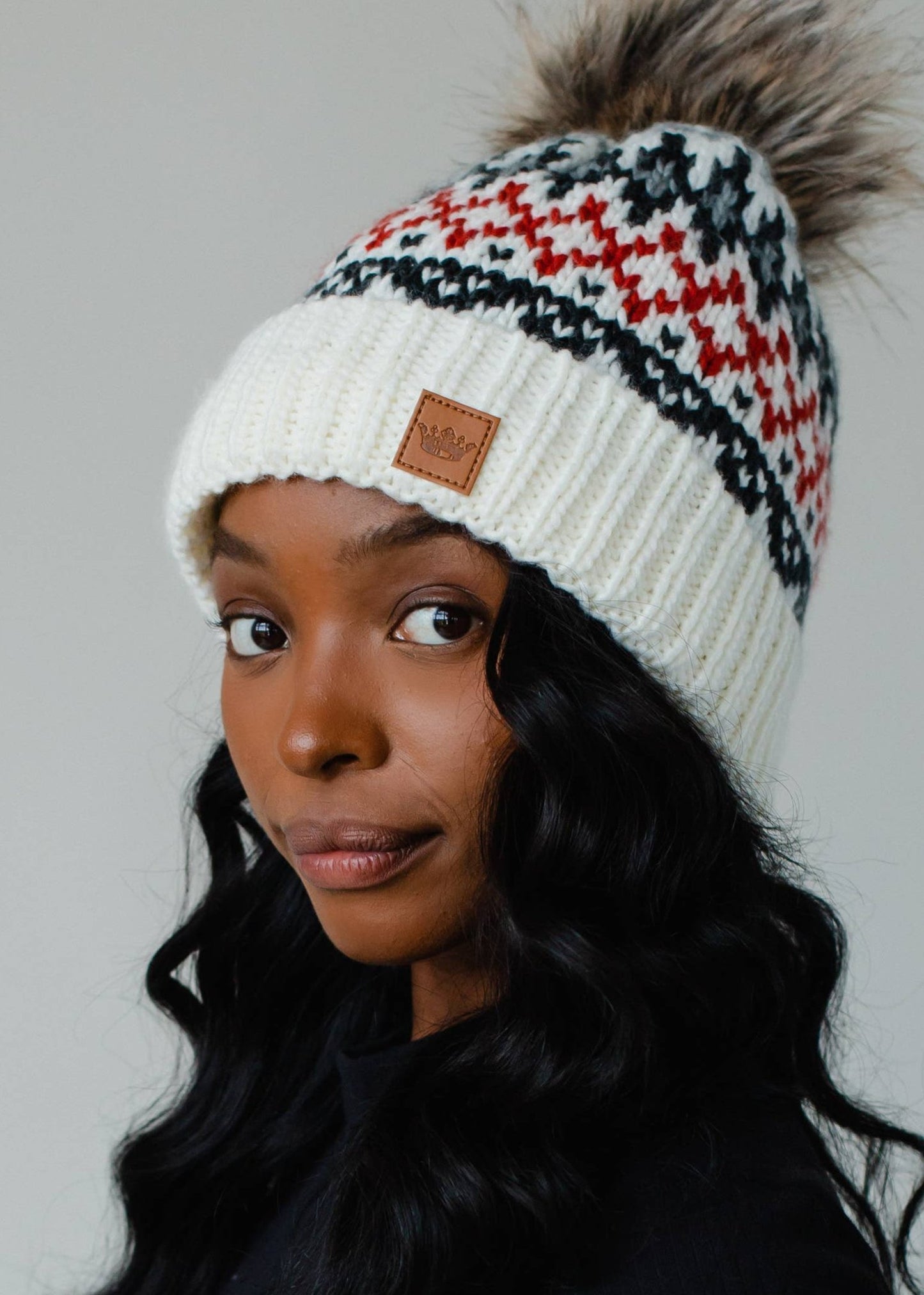 Ivory, Red & Gray Fairisle Beanie Hat