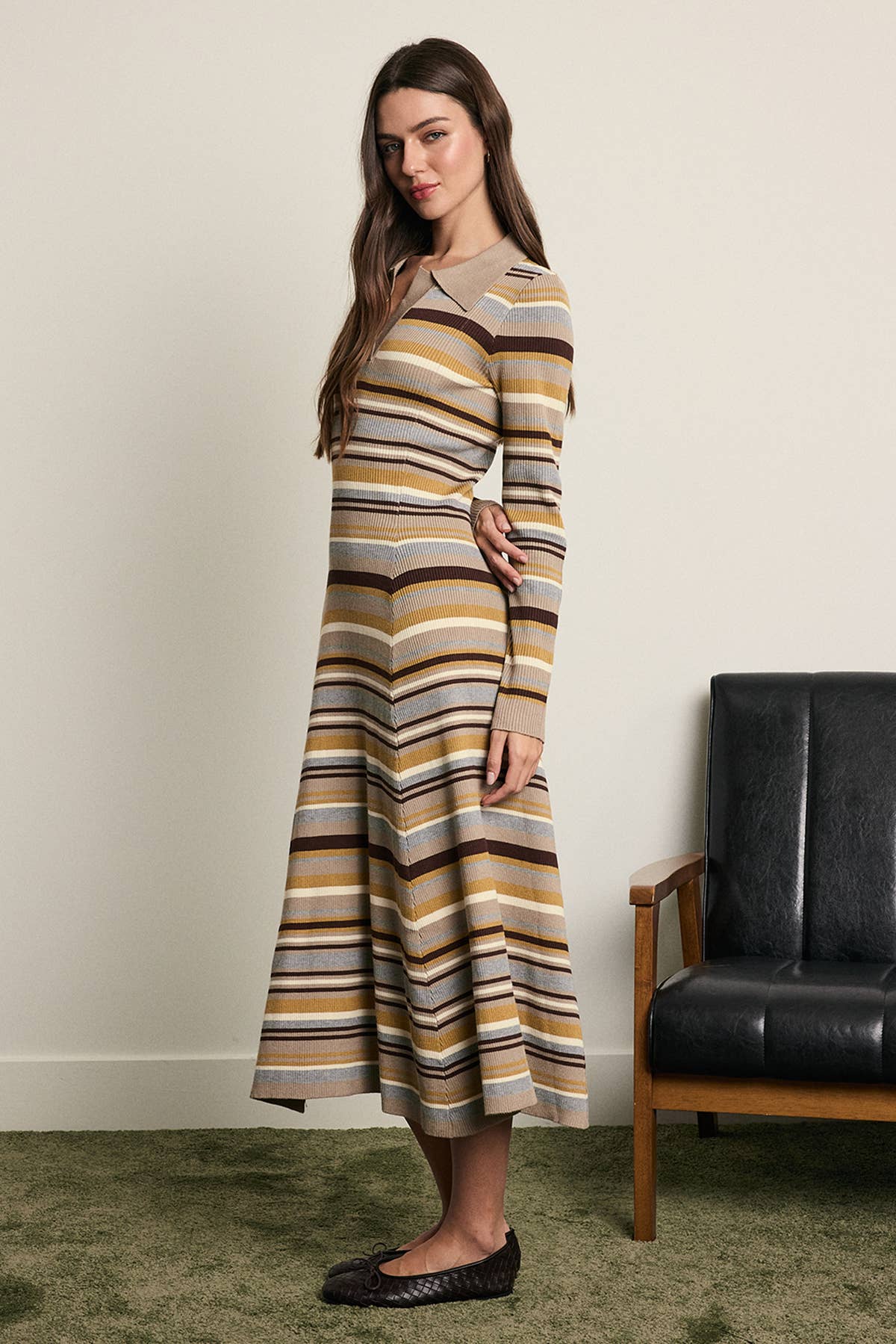 Striped Ribbed Knit Polo Midi Dress - RD1444: MULTI / S-M-L (3-2-1)