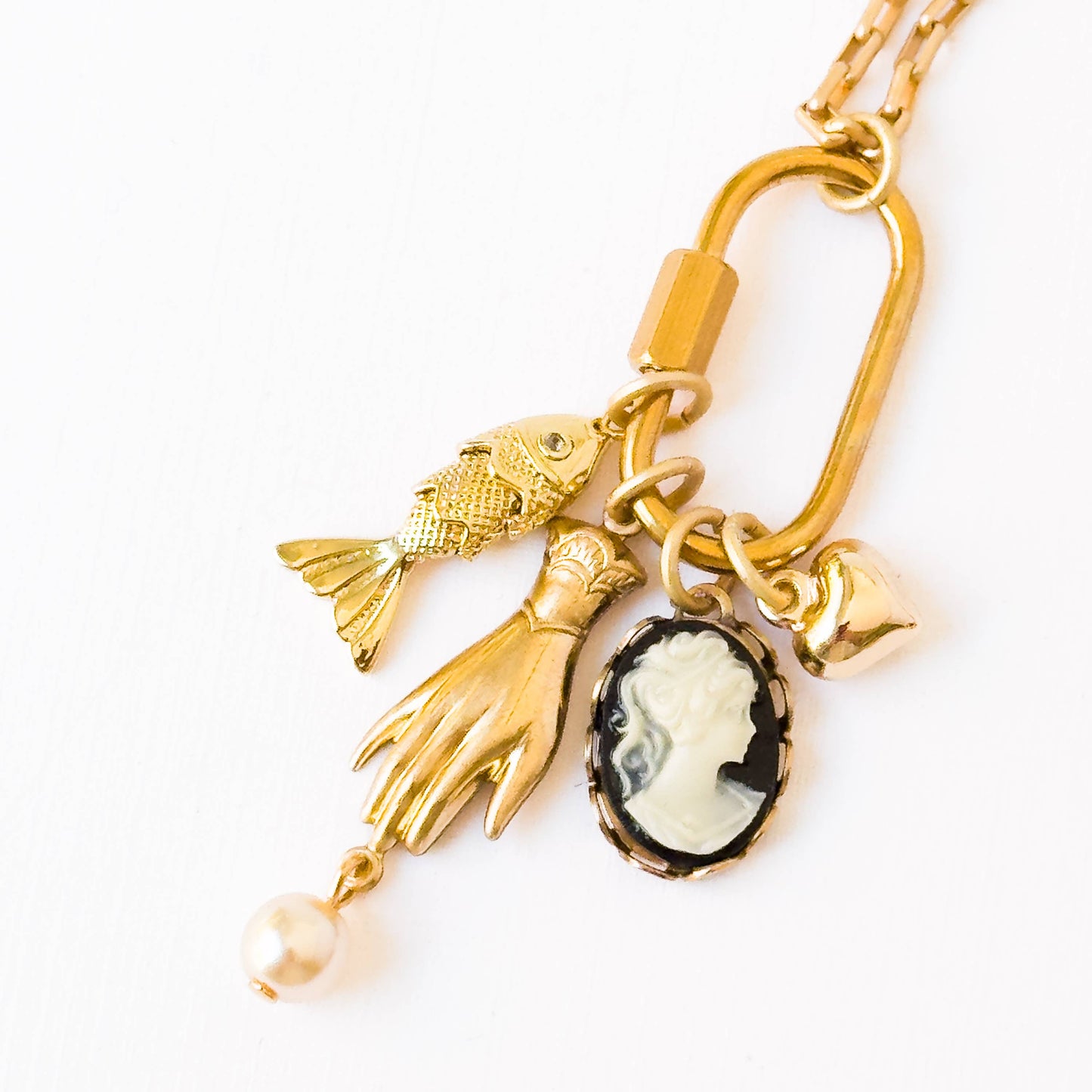 Gold Carabiner Charm Necklace with Cameo & Fish Charms: 20"