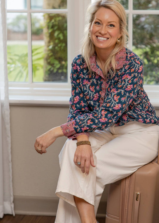 Indigo Bloom Block Print Button-Down