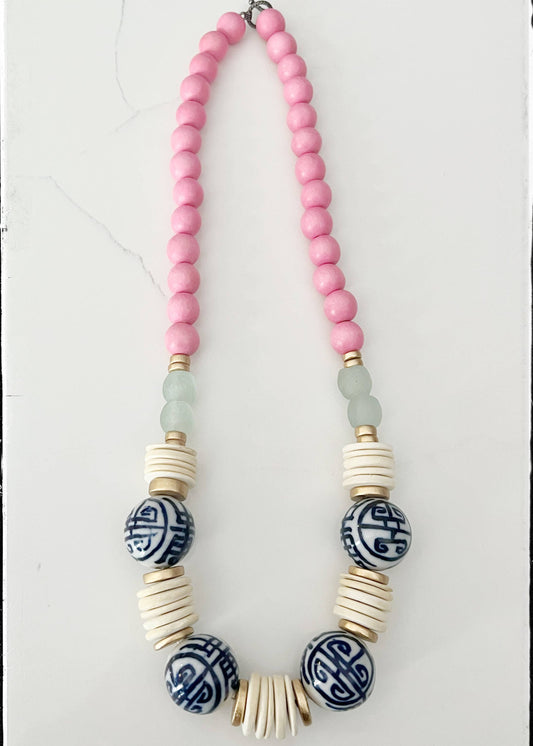 Wood Bead & Chinoiserie Necklace- White Coconut Wood Bead