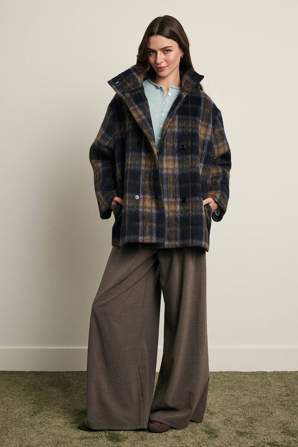 Brushed Plaid Funnel Neck Coat - RJ1214: PLAID / S-M-L (3-2-1)