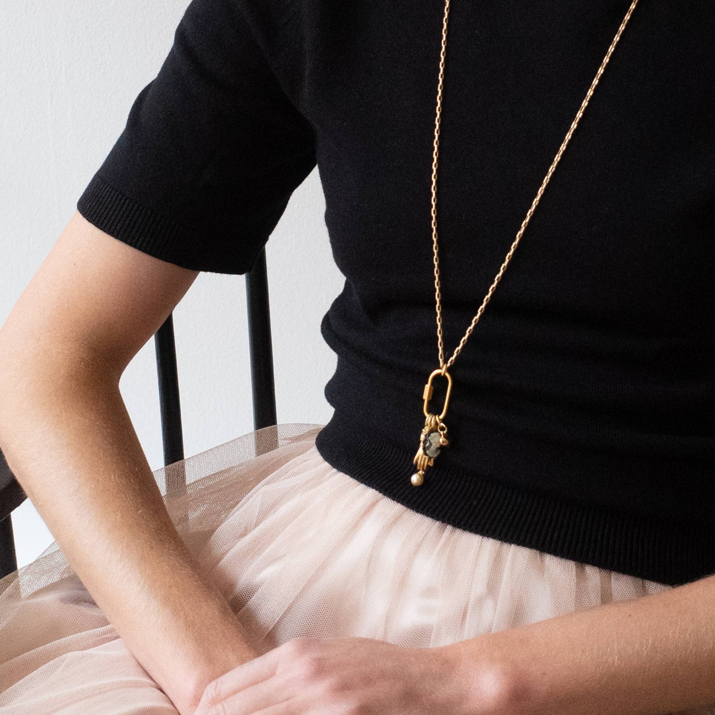 Gold Carabiner Charm Necklace with Cameo & Fish Charms: 20"