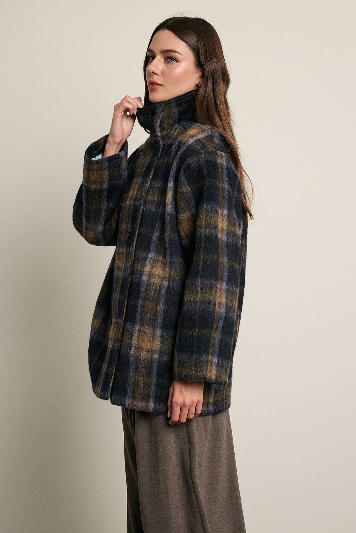 Brushed Plaid Funnel Neck Coat - RJ1214: PLAID / S-M-L (3-2-1)