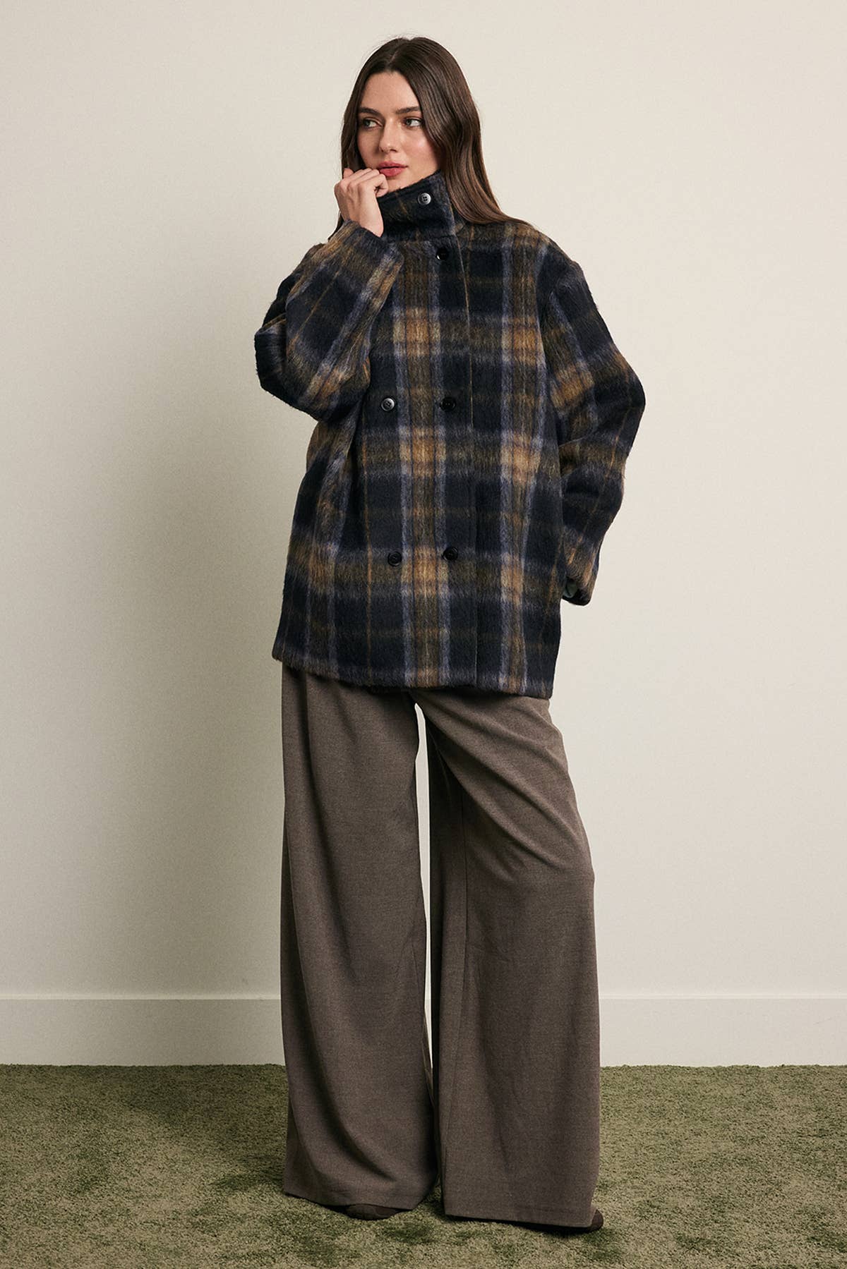 Brushed Plaid Funnel Neck Coat - RJ1214: PLAID / S-M-L (3-2-1)