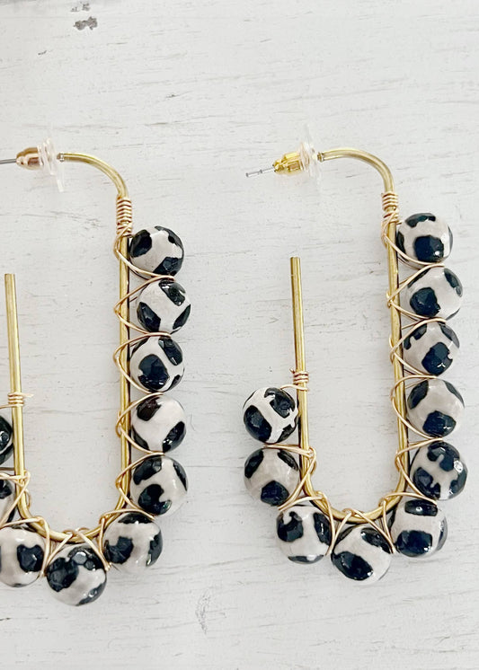 Wire Wrapped Open Hoop Glass Bead Dangle Earring Black Agate
