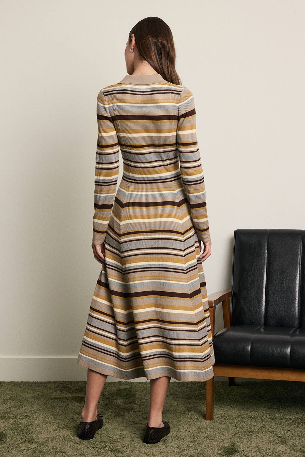Striped Ribbed Knit Polo Midi Dress - RD1444: MULTI / S-M-L (3-2-1)