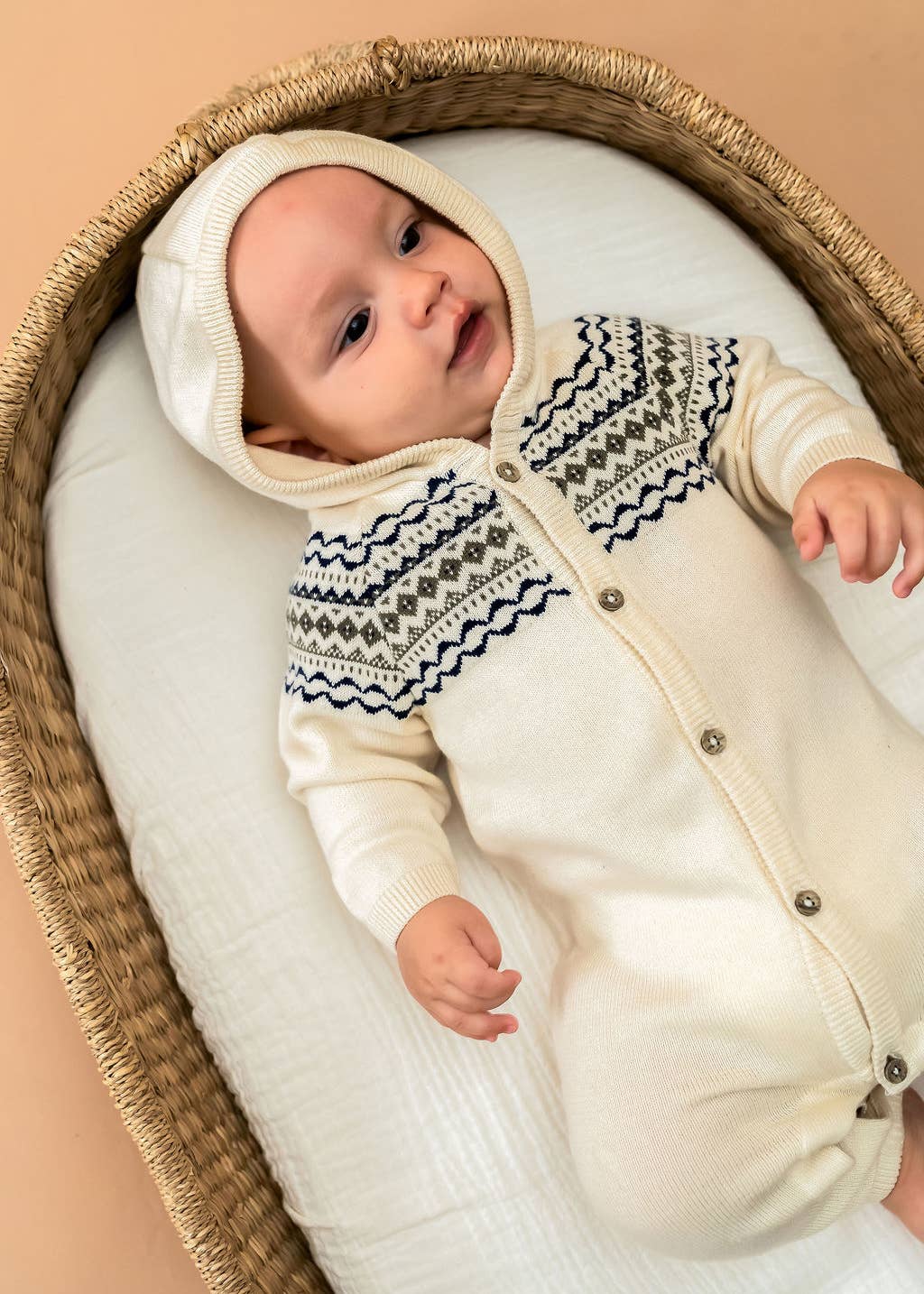 Fair Isle Jacquard Sweater Knit Baby Hooded Jumpsuit