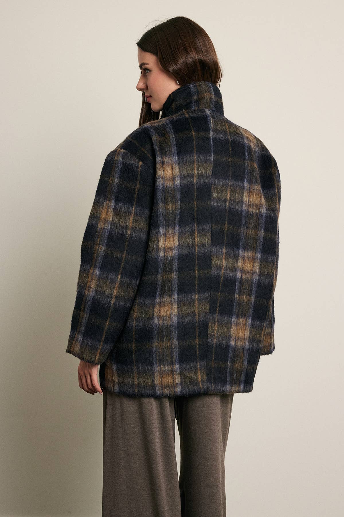 Brushed Plaid Funnel Neck Coat - RJ1214: PLAID / S-M-L (3-2-1)