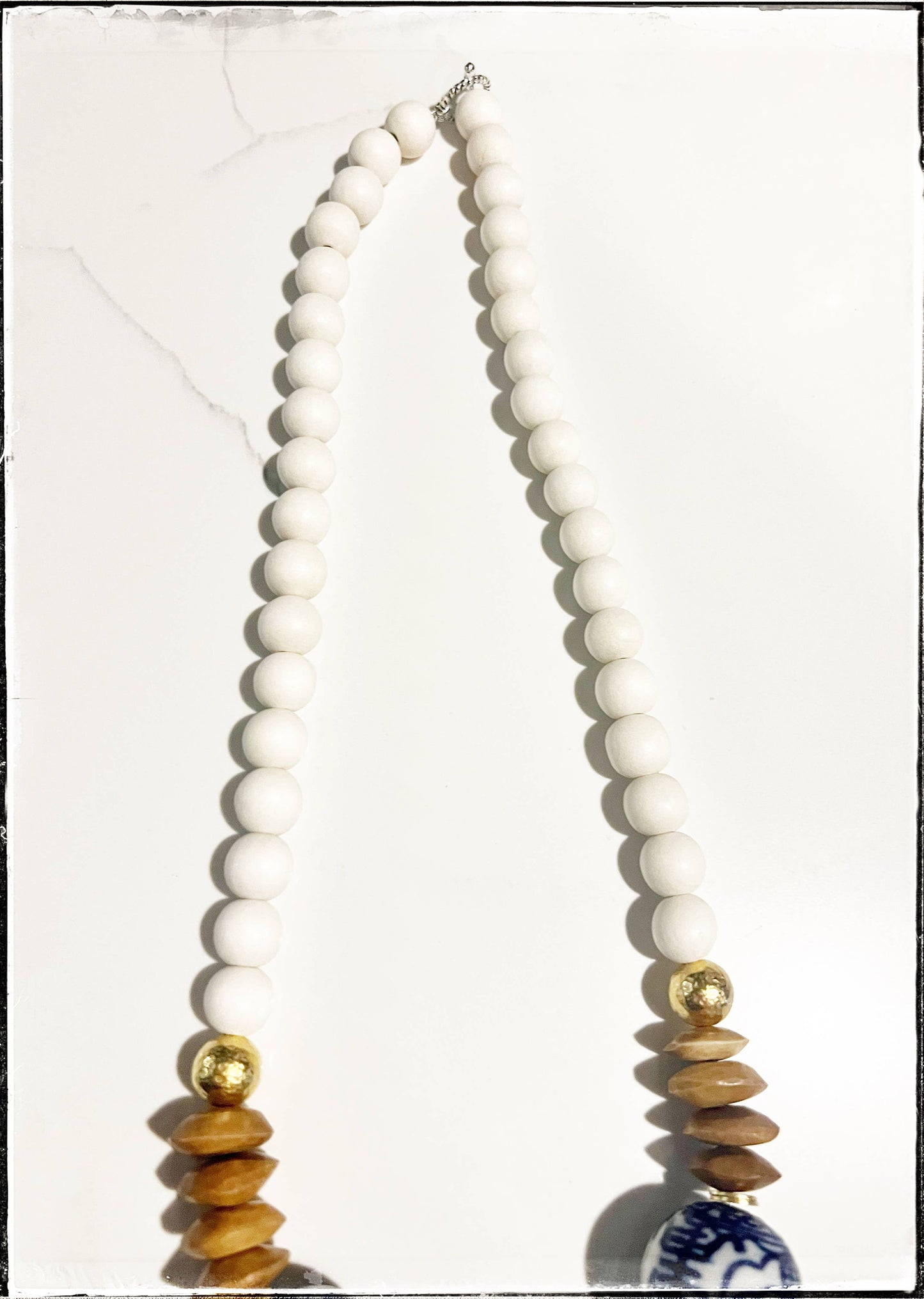 Wood, Glass Bone Bead Short Necklace Layering Chinoiserie  