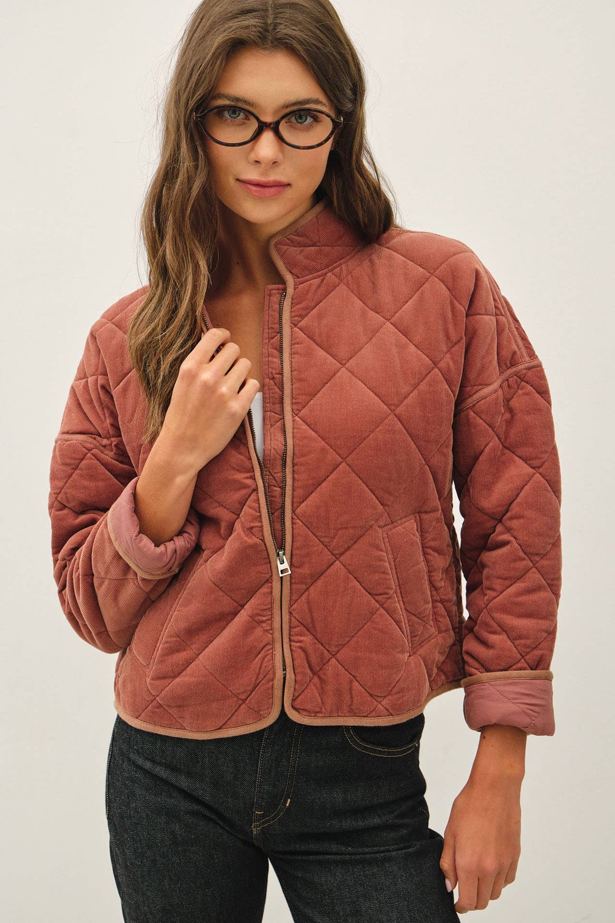 CORDUROY QUILTING CROPPED JACKET : TEA ROSE / L