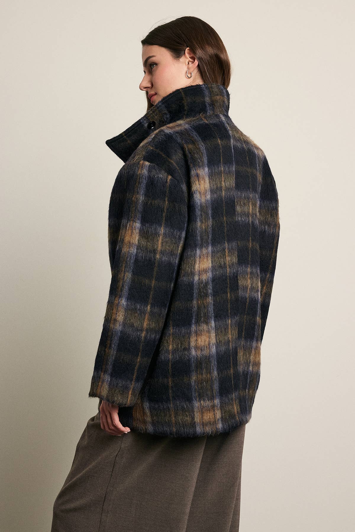 Brushed Plaid Funnel Neck Coat - RJ1214: PLAID / S-M-L (3-2-1)