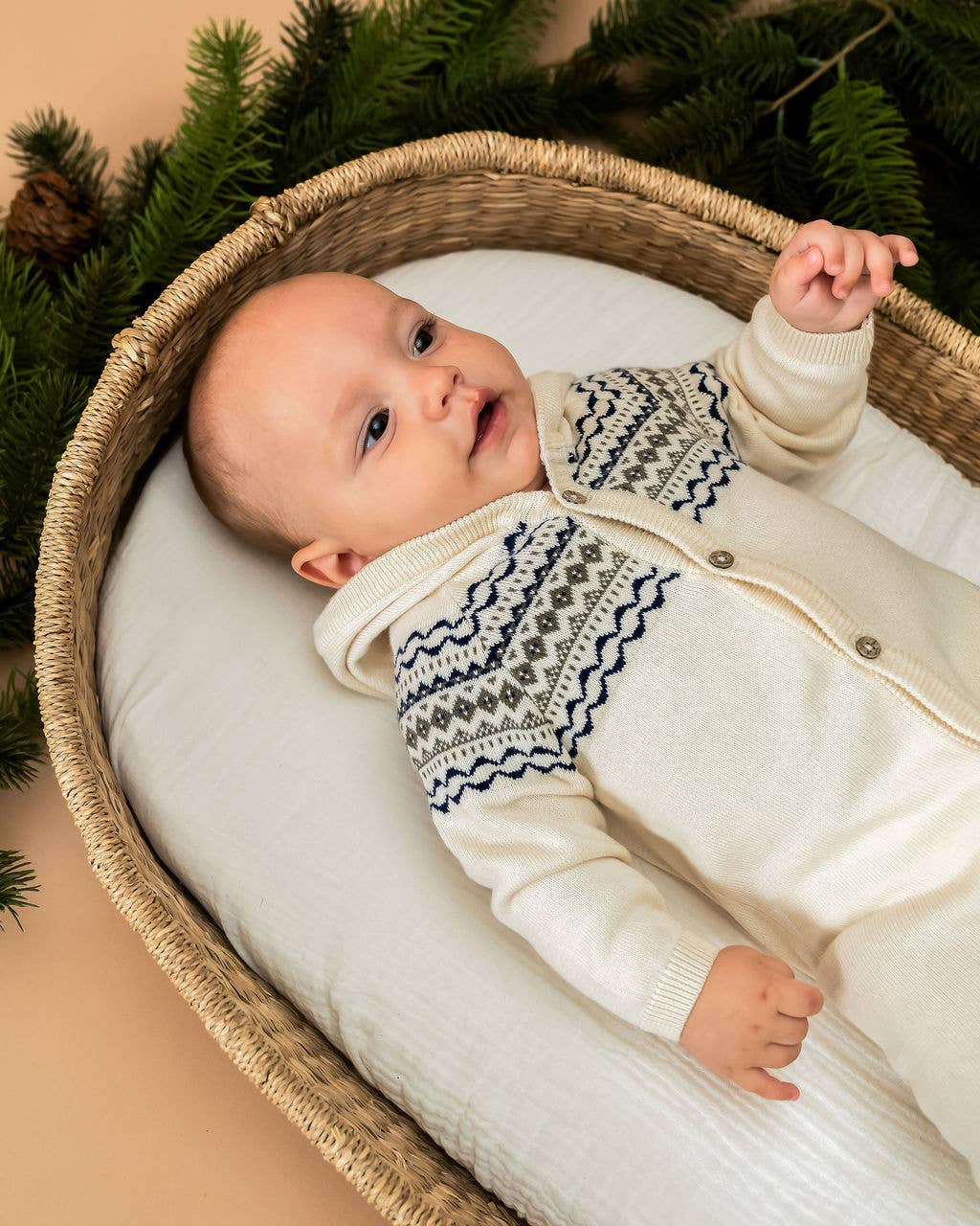 Fair Isle Jacquard Sweater Knit Baby Hooded Jumpsuit