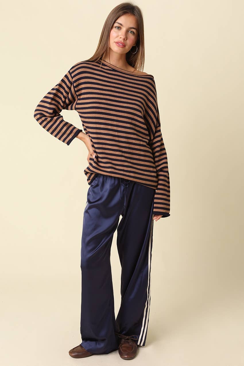 Ailany Striped Boat Neck Sweater: BROWN LT TAUPE / L