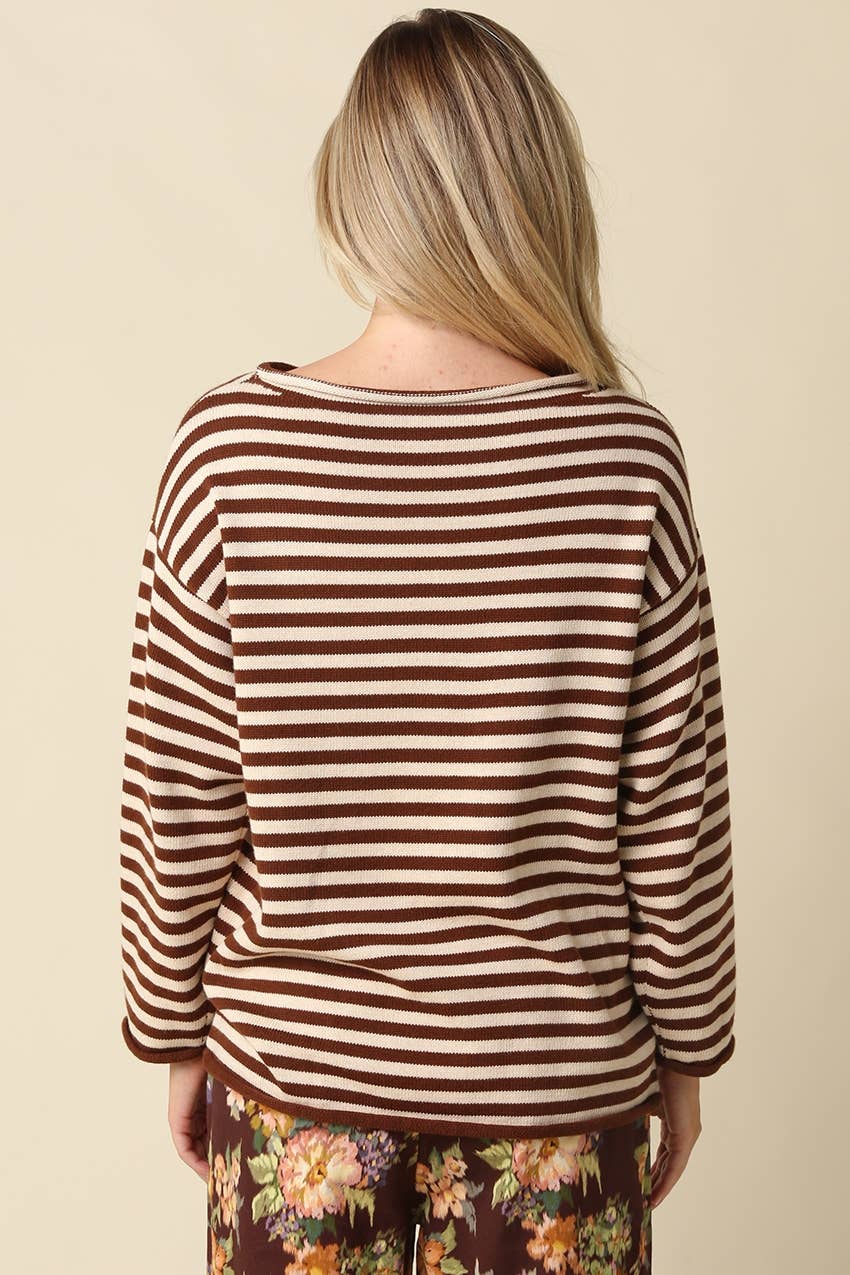 Ailany Striped Boat Neck Sweater: BROWN LT TAUPE / L