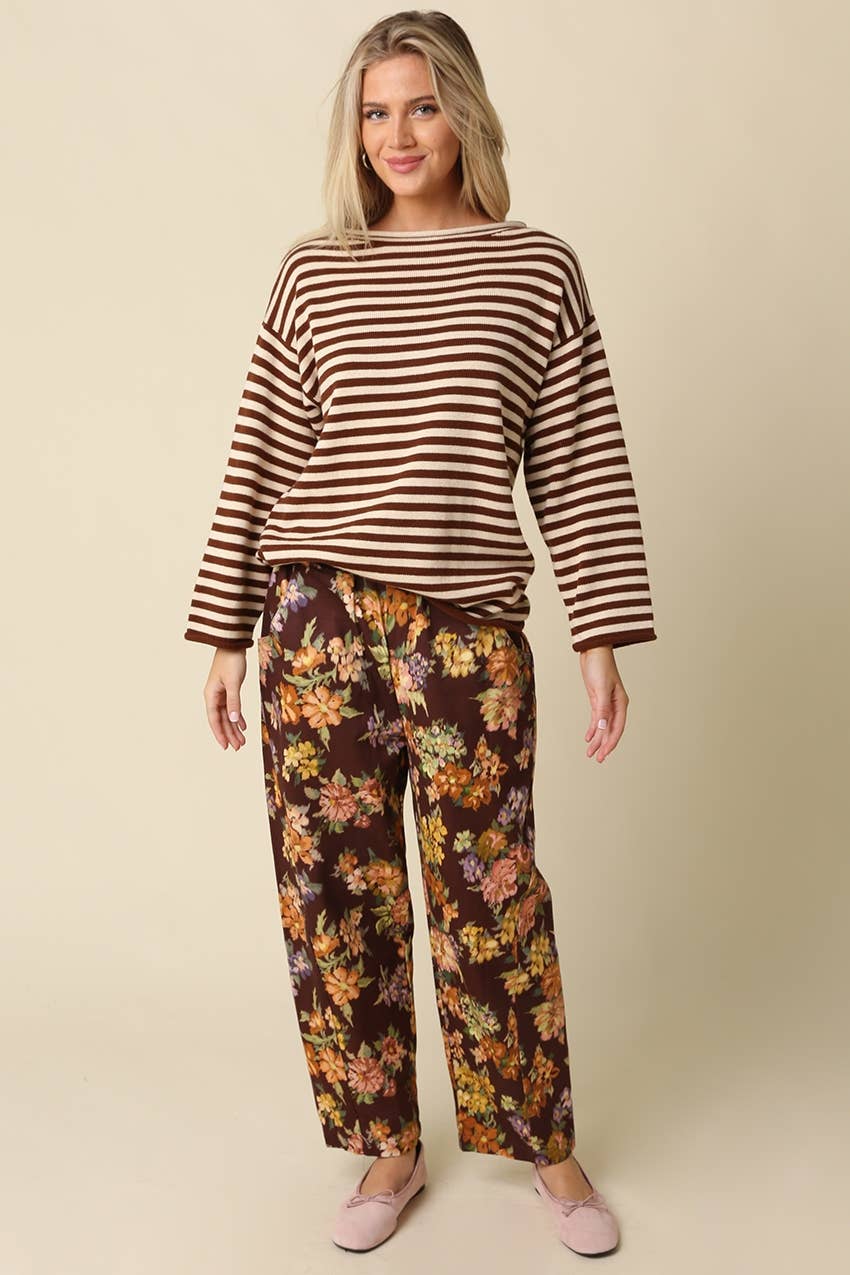 Ailany Striped Boat Neck Sweater: DK NAVY MOCHA / L