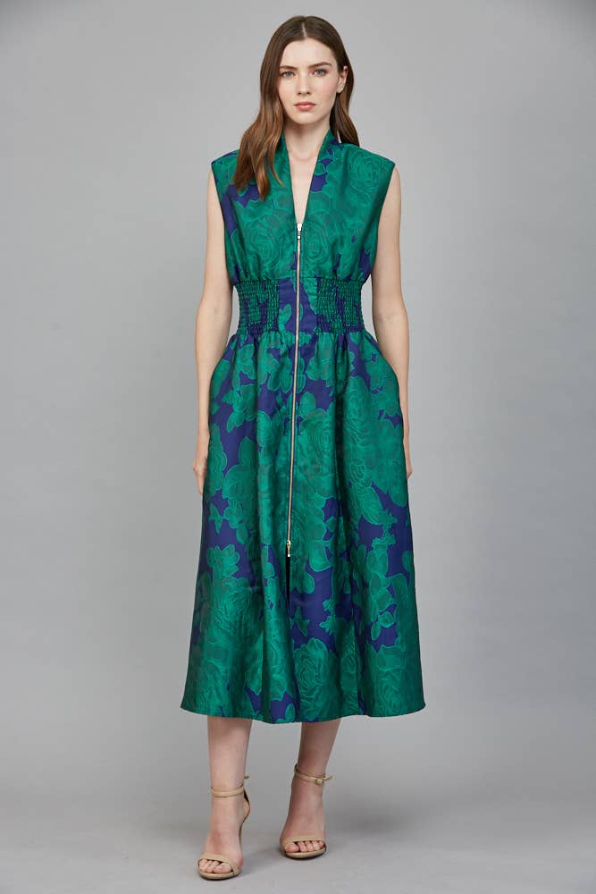 Fiona Floral Jacquard Zip Front Midi Dress
