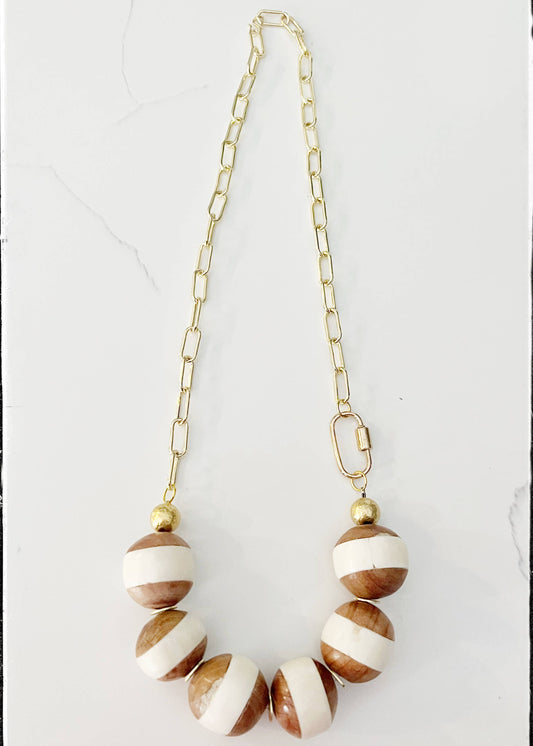 Paperclip Chain Necklace Bead Carabiner Bone & Wood Bead