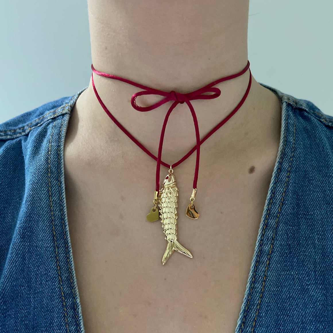 Fish Charm Silk Necklace: Red
