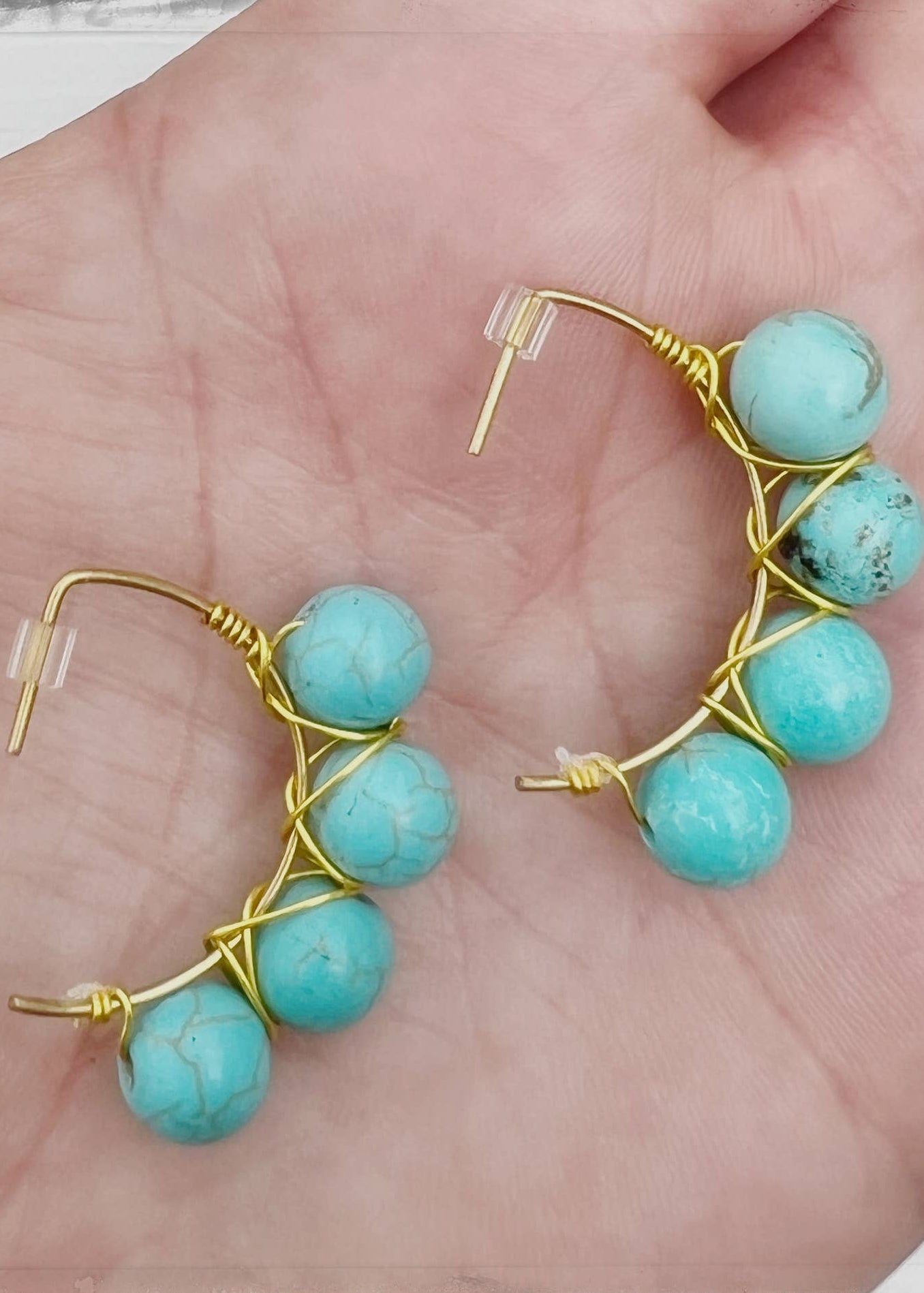 Small Hoop Gemstone Bead Dangle Earrings Huggie Turquoise