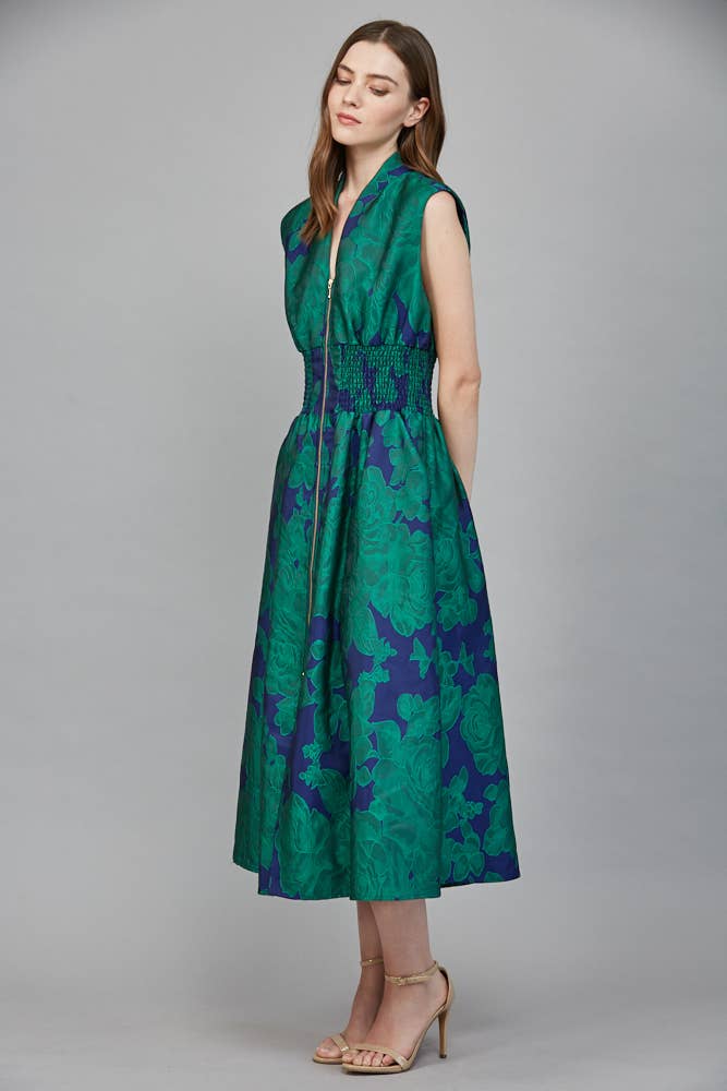 Fiona Floral Jacquard Zip Front Midi Dress