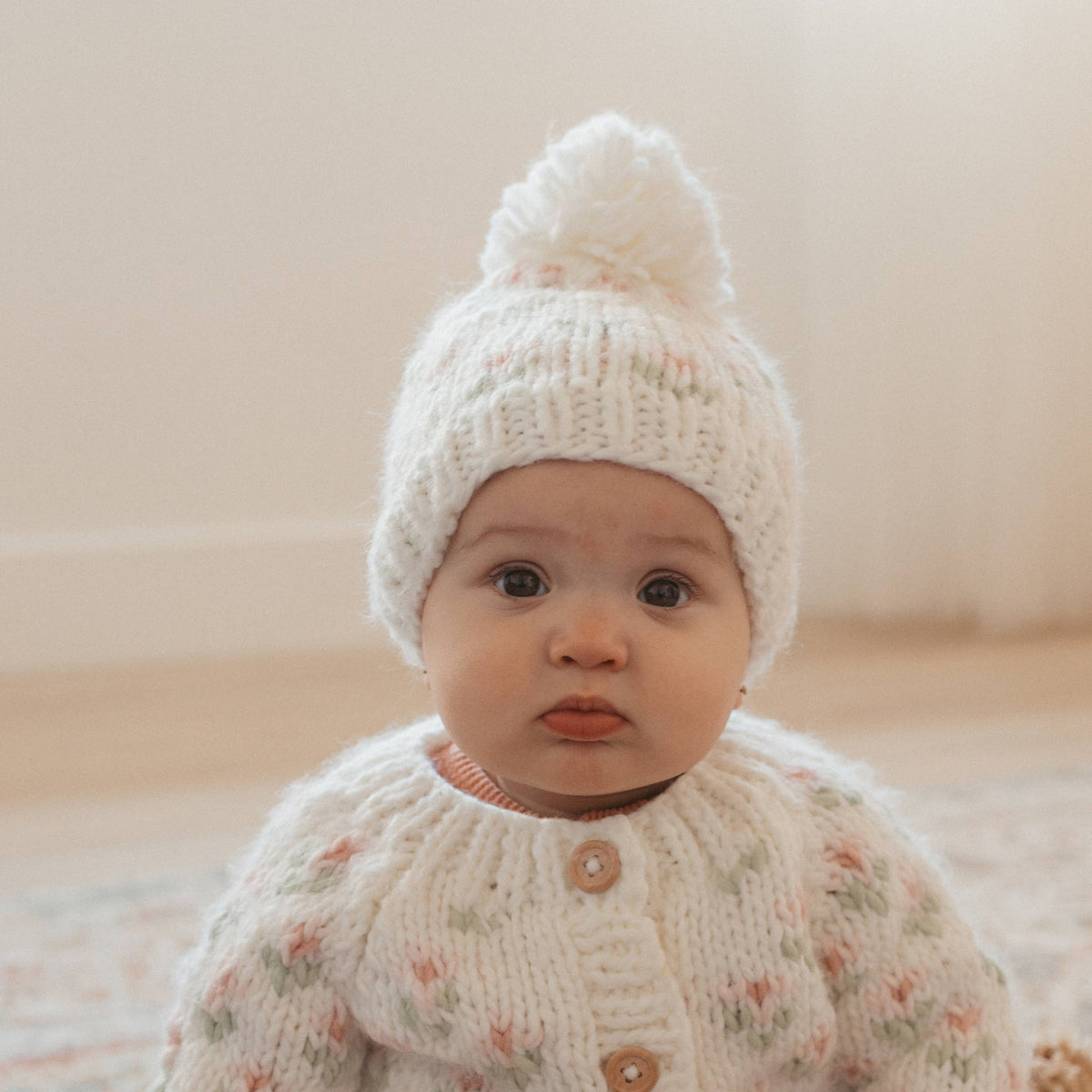 Bitty Blooms White Beanie Hat Baby & Kids: Medium (6-24 months)