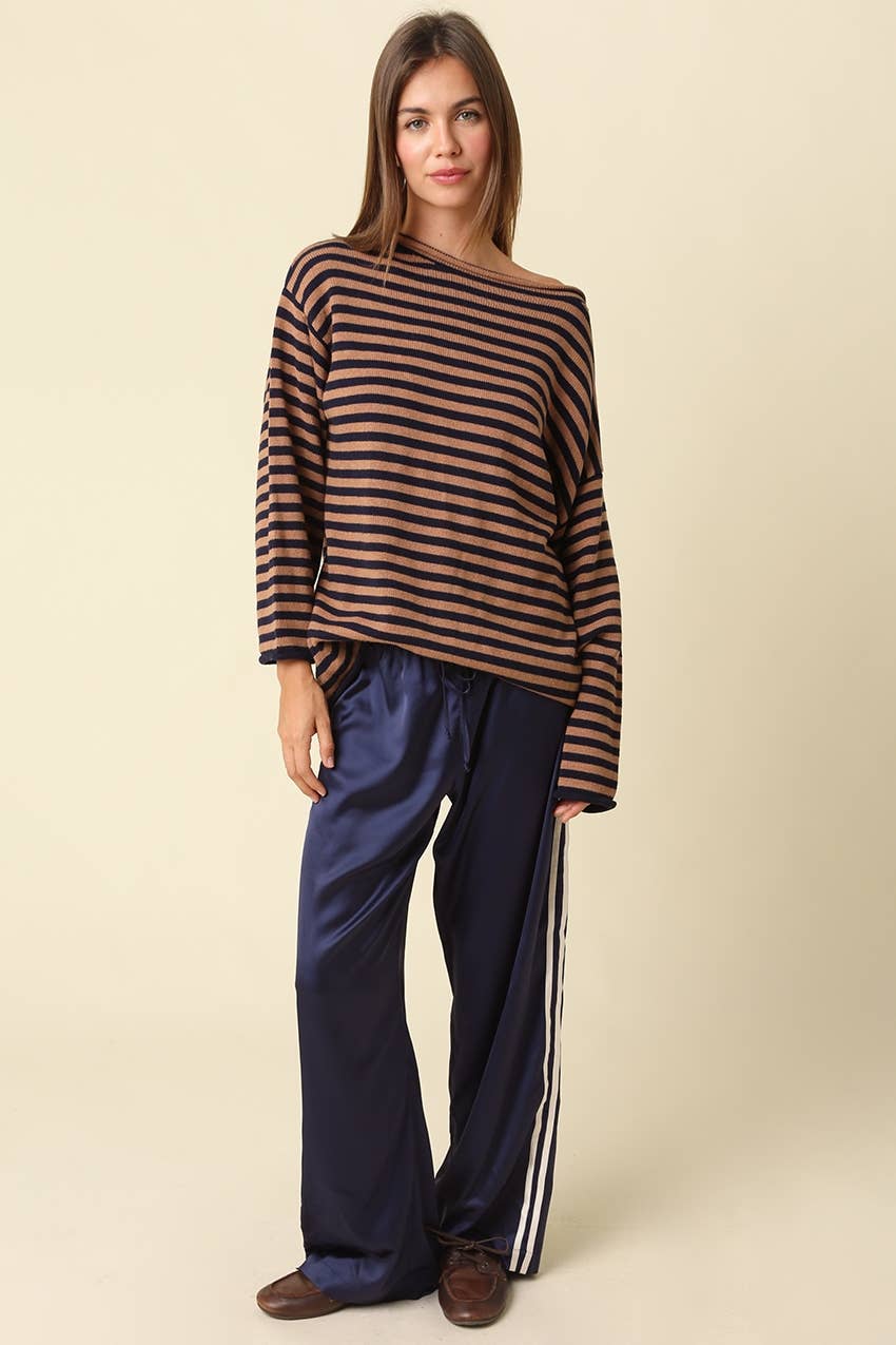 Ailany Striped Boat Neck Sweater: BROWN LT TAUPE / L