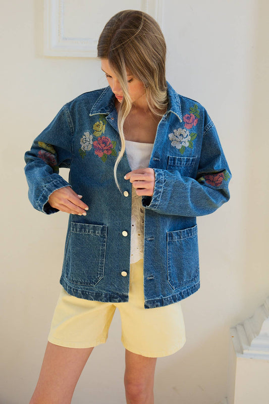 Floral Embroidered Denim Jacket - RJ1130: DENIM / S-M-L (3-2-1)