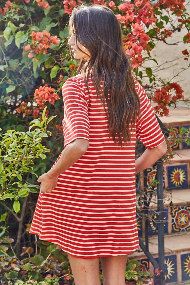 L9609 | Woven Cotton Striped Short Sleeve Round Neck Mini: Taupe Ivory / L