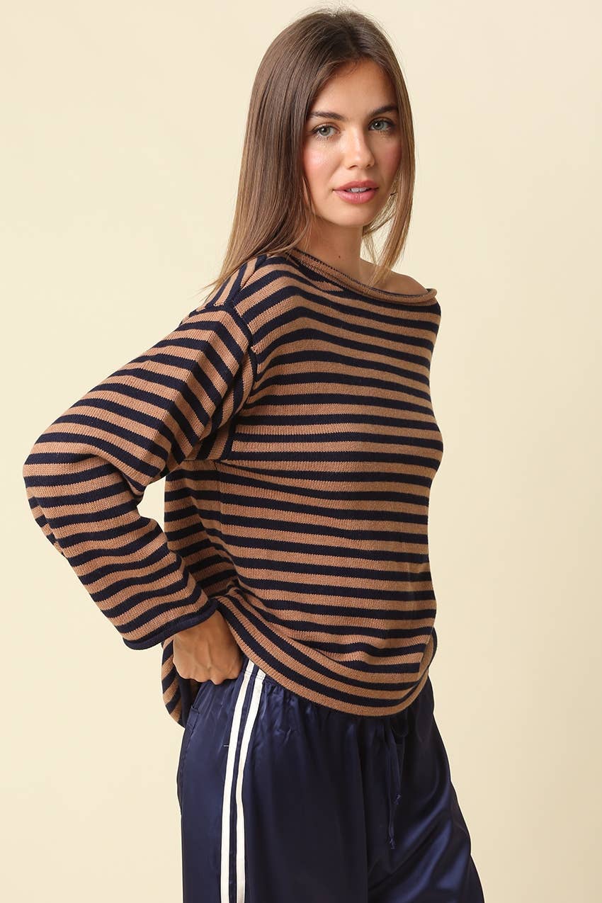 Ailany Striped Boat Neck Sweater: DK NAVY MOCHA / L
