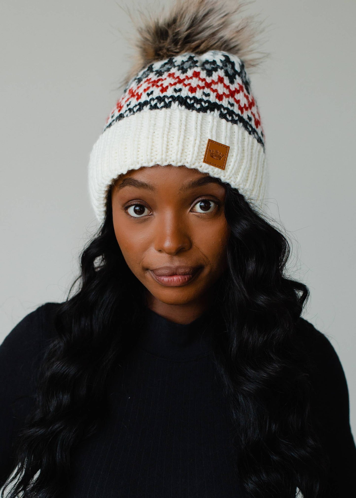 Ivory, Red & Gray Fairisle Beanie Hat