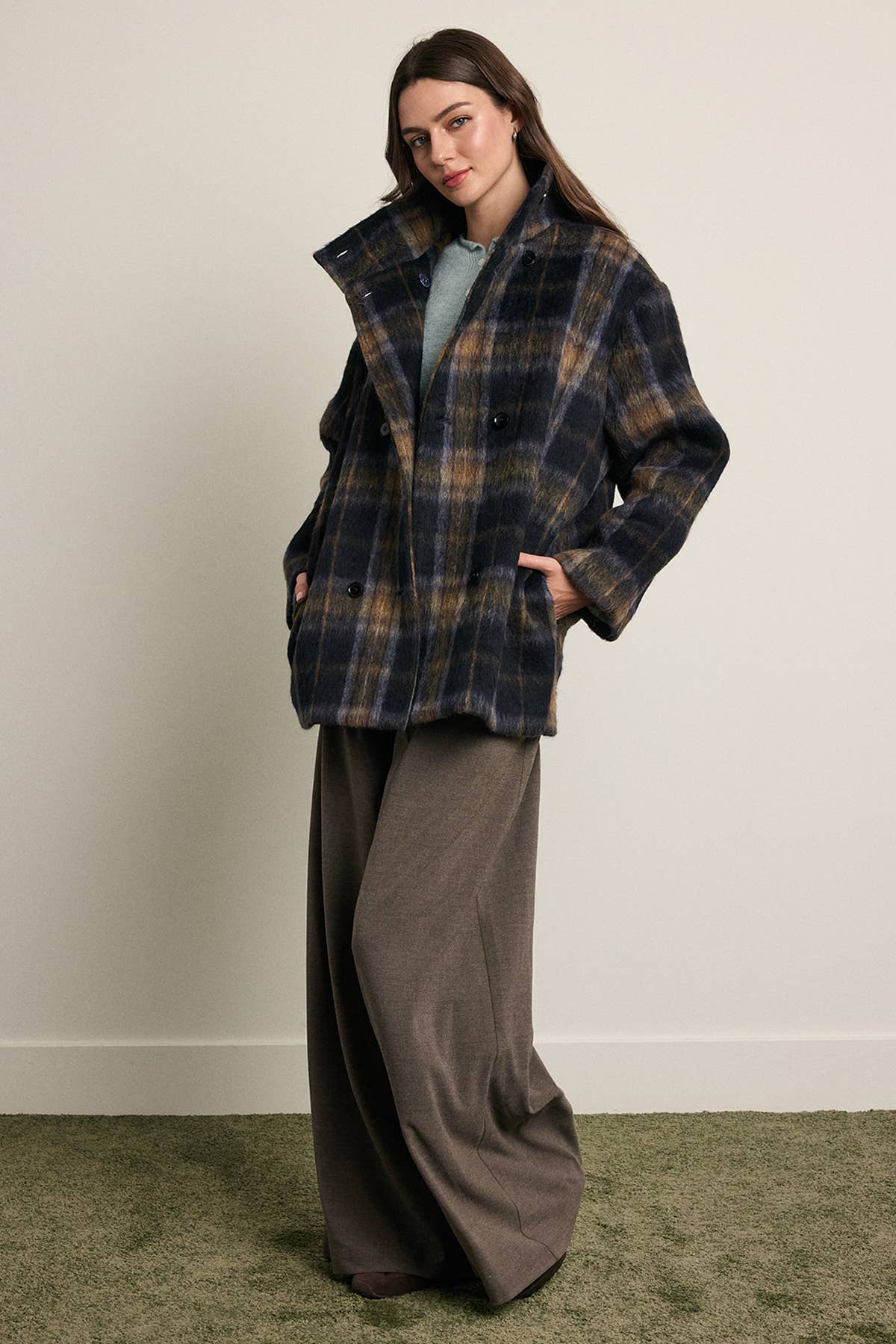 Brushed Plaid Funnel Neck Coat - RJ1214: PLAID / S-M-L (3-2-1)