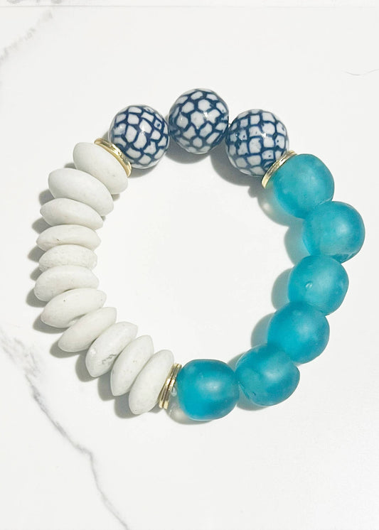 Recycled Glass & Ceramic Chinoiserie Stretch Bracelet- Blue