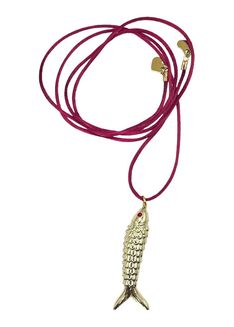 Fish Charm Silk Necklace: Red