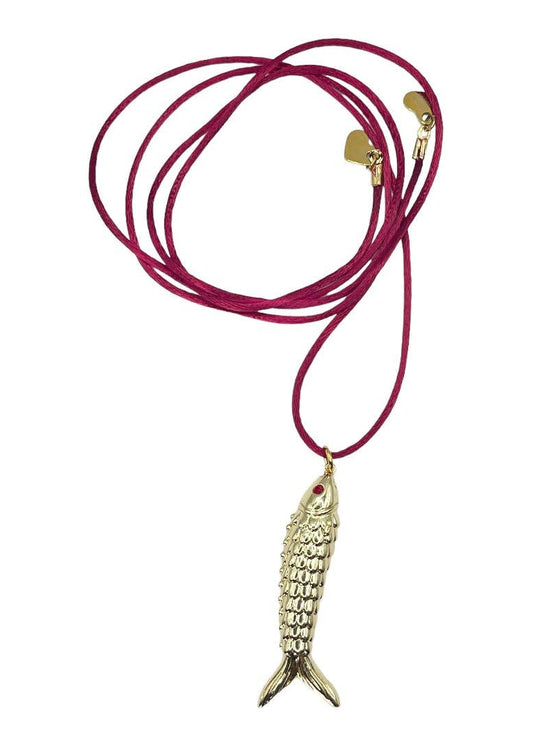 Fish Charm Silk Necklace: Red