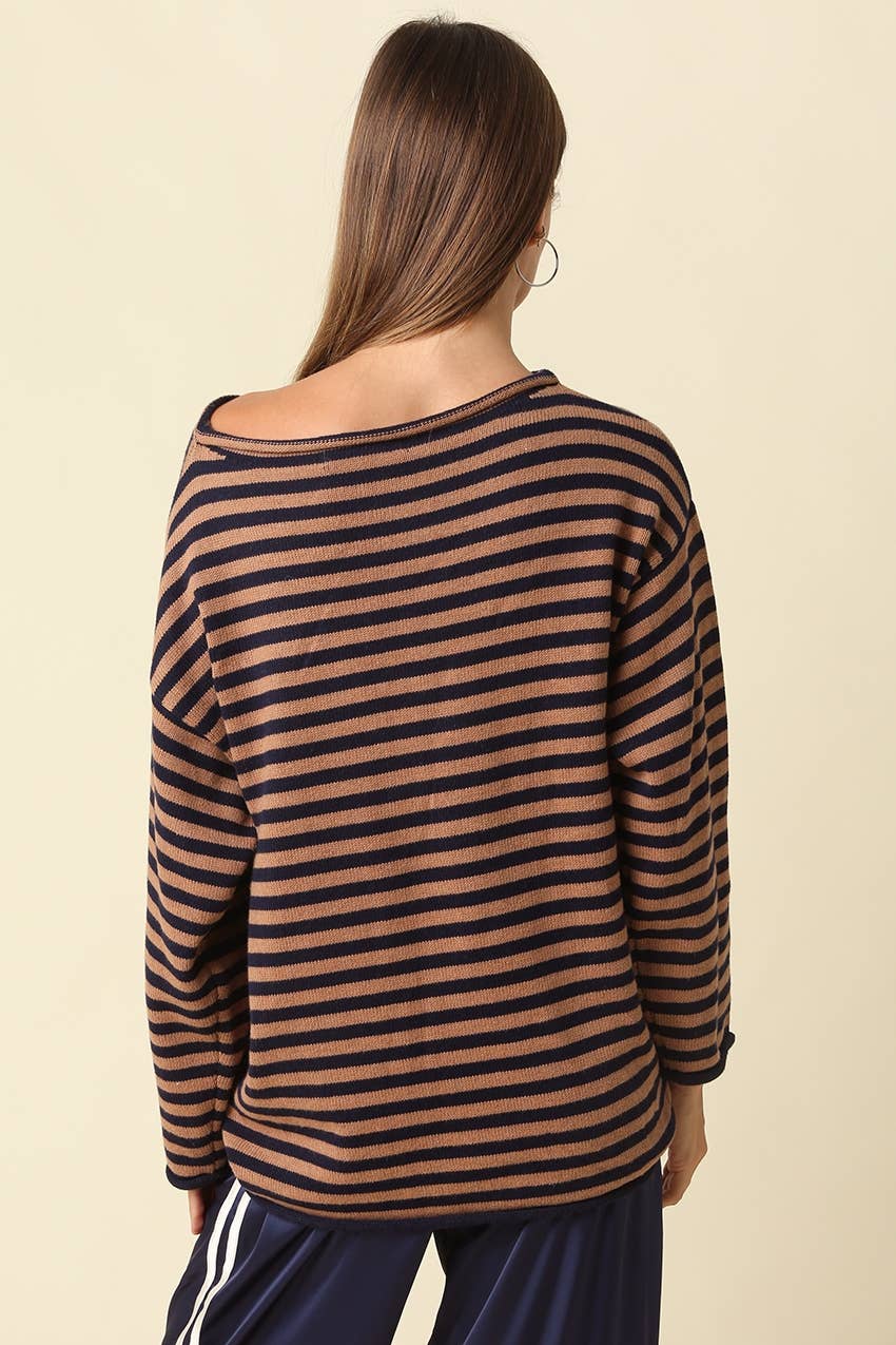 Ailany Striped Boat Neck Sweater: BROWN LT TAUPE / L