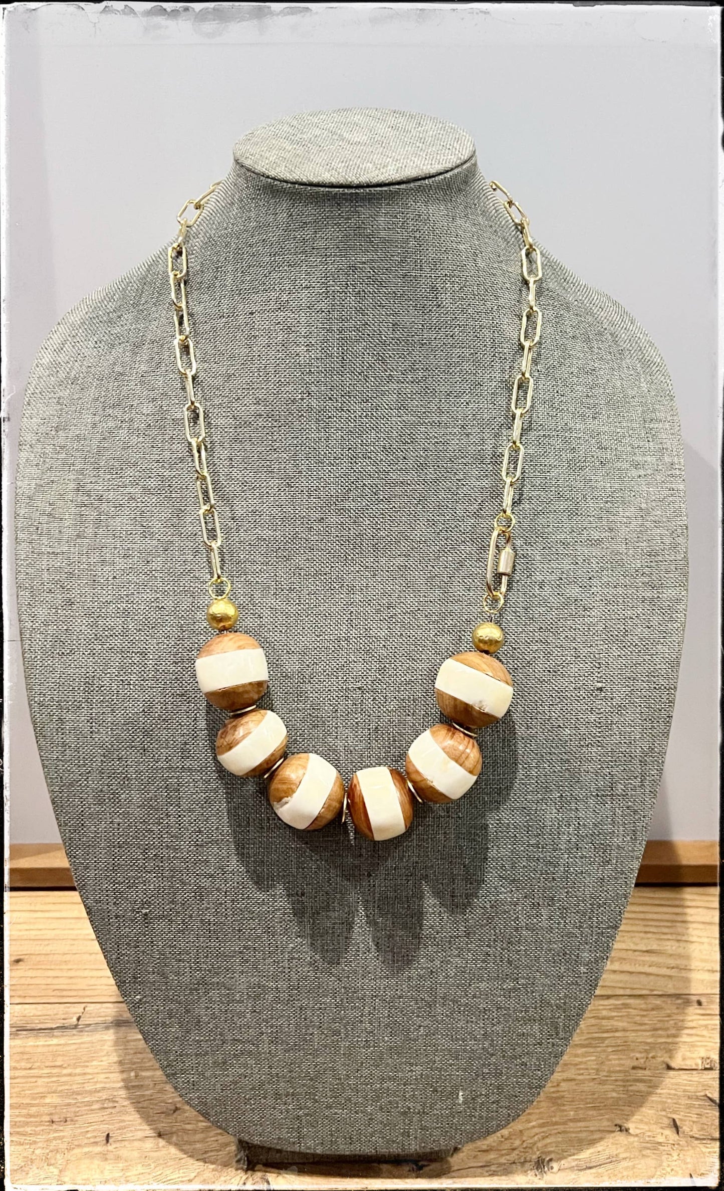 Paperclip Chain Necklace Bead Carabiner Bone & Wood Bead